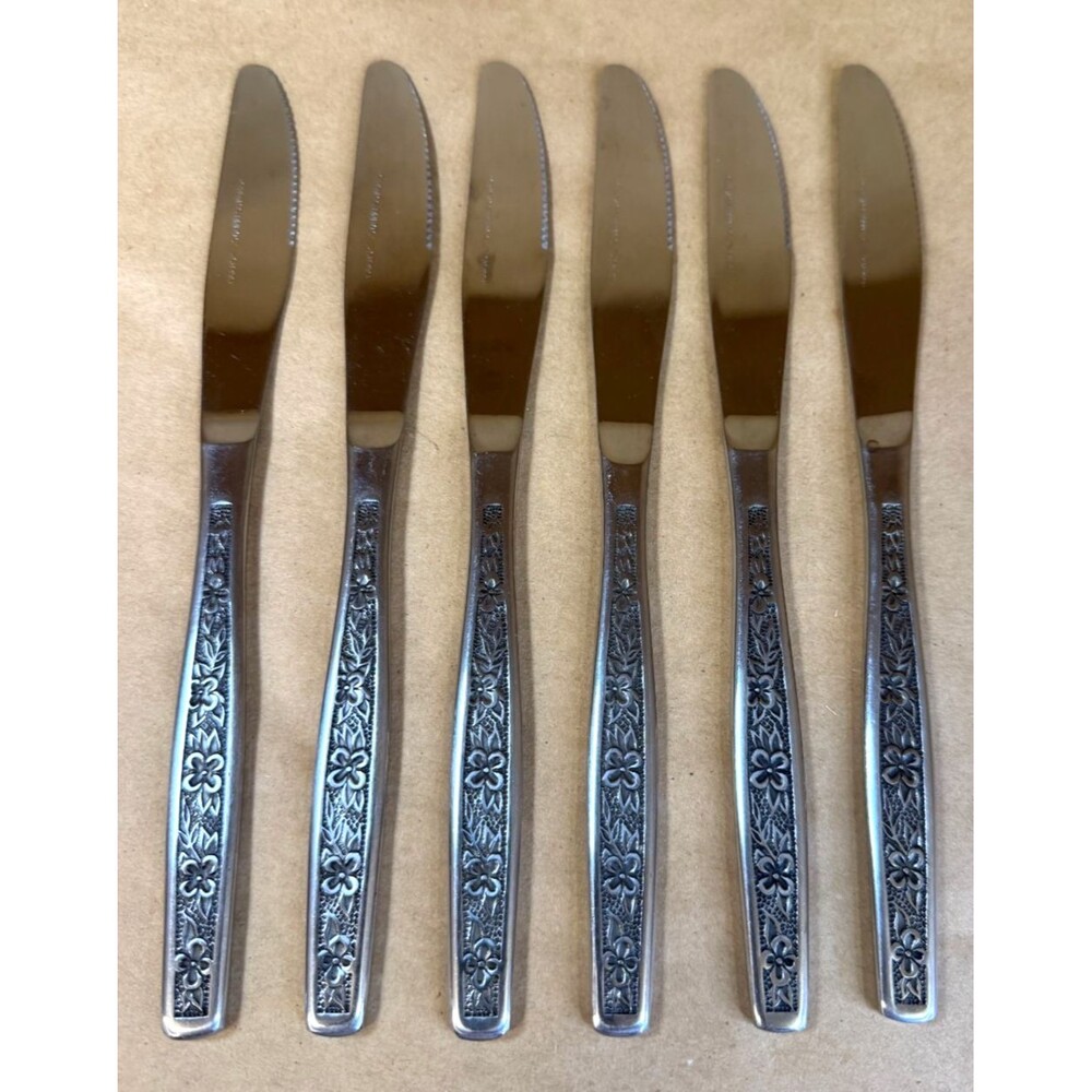 Vintage Rogers Co. La Spana Stainless Steel Dinner Knives - Set of 6 - Floral
